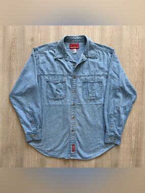 Vintage  Marlboro Blue Denim Long Sleeve Button Up Shirt Sz L ***See Pics